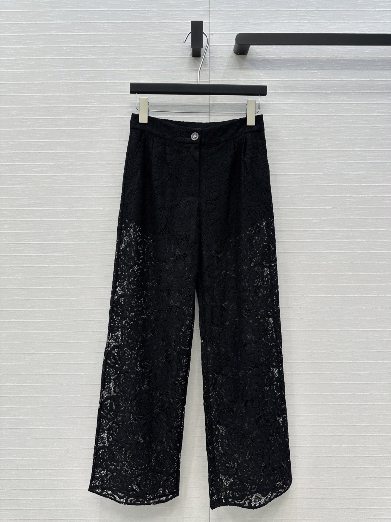 Chanel French Black Lace Pants | Camellia-Embroidered High-Waist Trousers