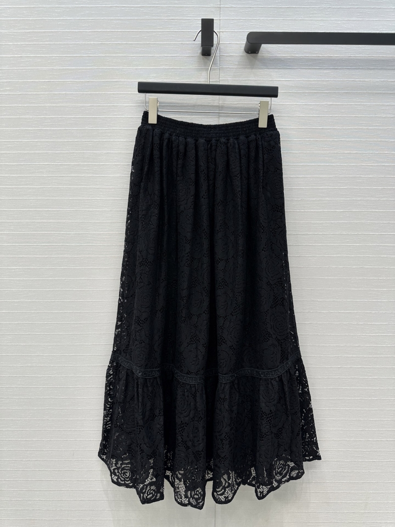 Chanel Exclusive Black Lace French Skirt with Logo Embroidery and Flounced Hem