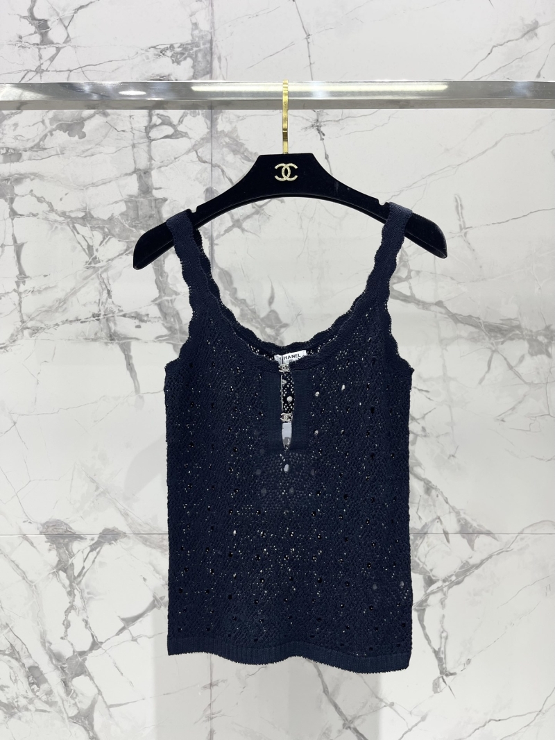 Chanel Double C Crystal Embellished Hollow Wave Lace Knit Vest