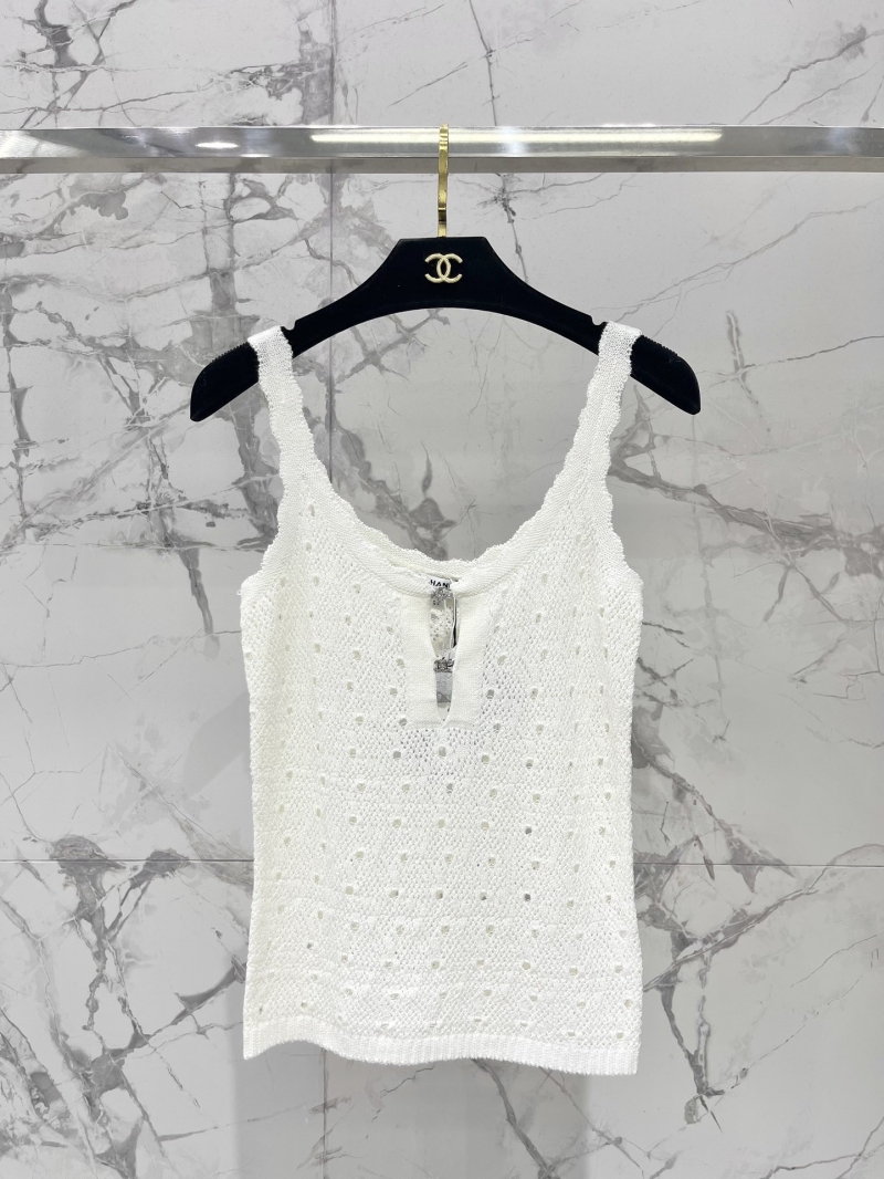 CHANEL CC Monogram Embellished Lace Trim Knit Vest White
