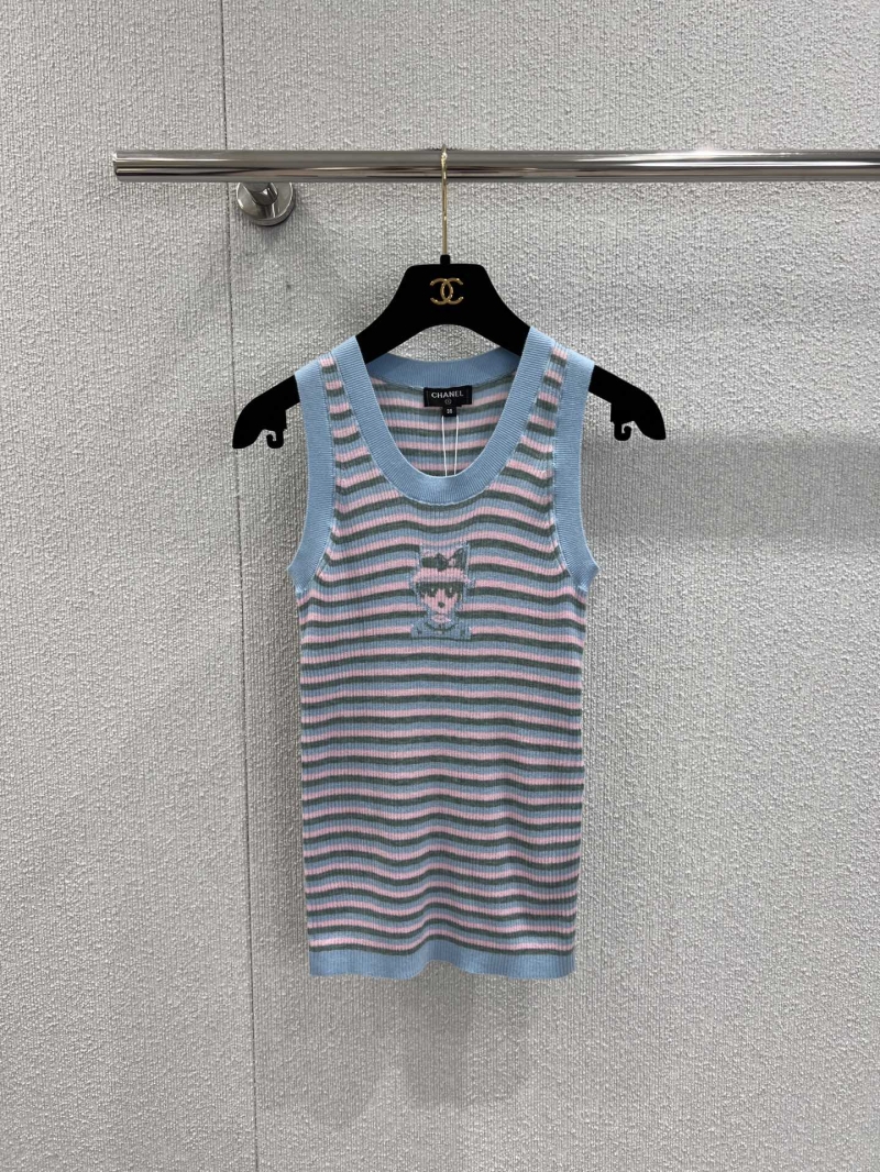 Chanel 25B Atelier Collection Striped Knit Vest in Light Blue with Embroidered Motif