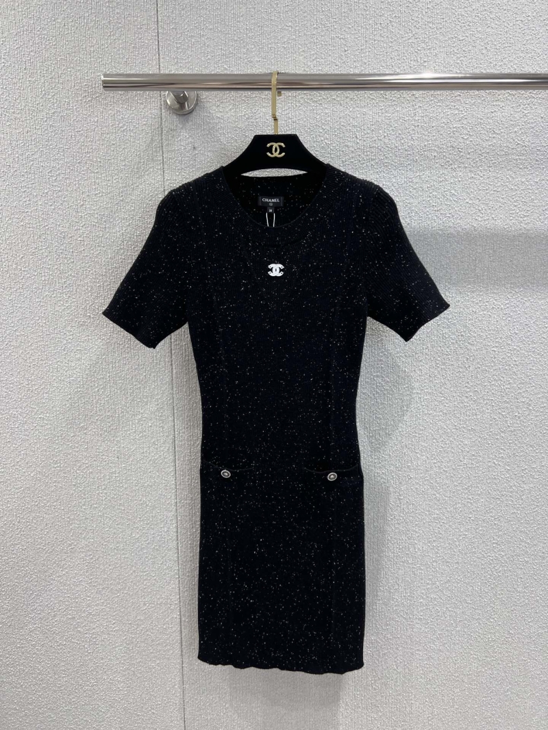 Chanel 25B Haute Couture Double C Logo Round Neck Short Sleeve Dress - Black with Stellar Sparkle