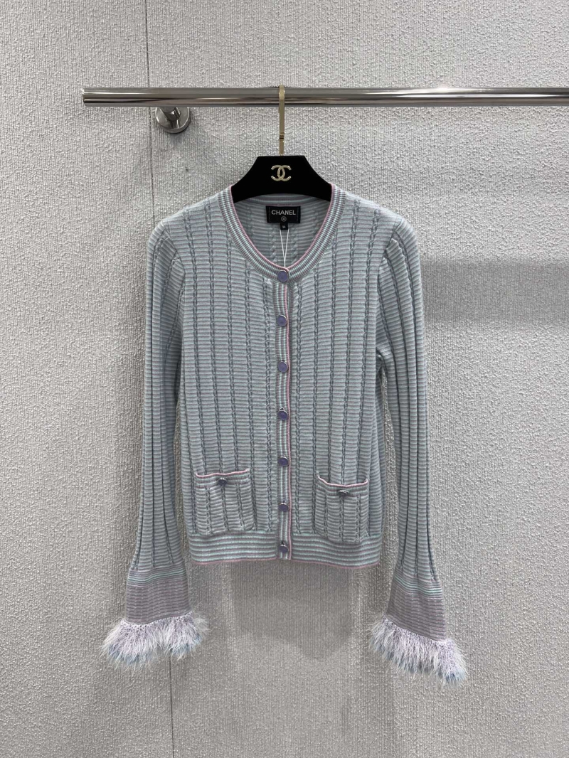 Chanel 25B Atelier Collection Cashmere Knit Cardigan with Vertical Stripes and Fur Trim in Light Blue