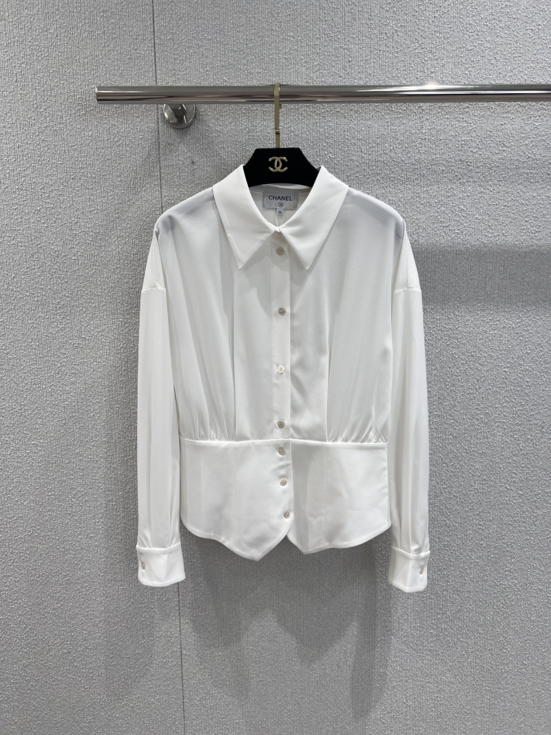 Chanel Early Fall Collection Luxe White Long-Sleeve Blouse with Waist-Cinching Detail