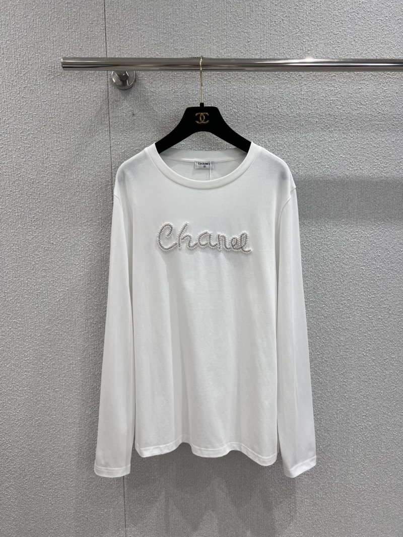 Chanel Luxe Embroidered Lettering Long-Sleeve T-Shirt in White