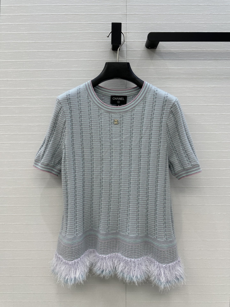 Chanel Exclusive 25B Collection: Luxe Powder Blue Round Neck Short Sleeve Knit Top with Floral Lace Trim
