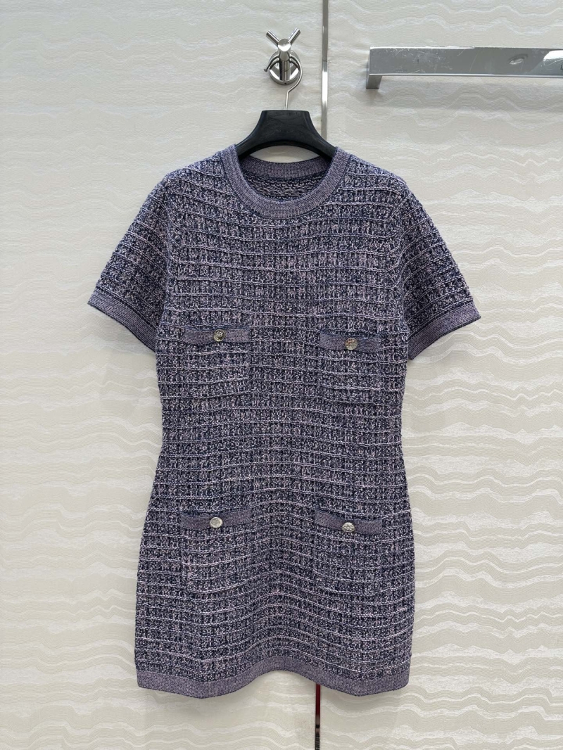 Chanel Coco Girl Round Neck Short Sleeve Knit Dress in Lavender Blue