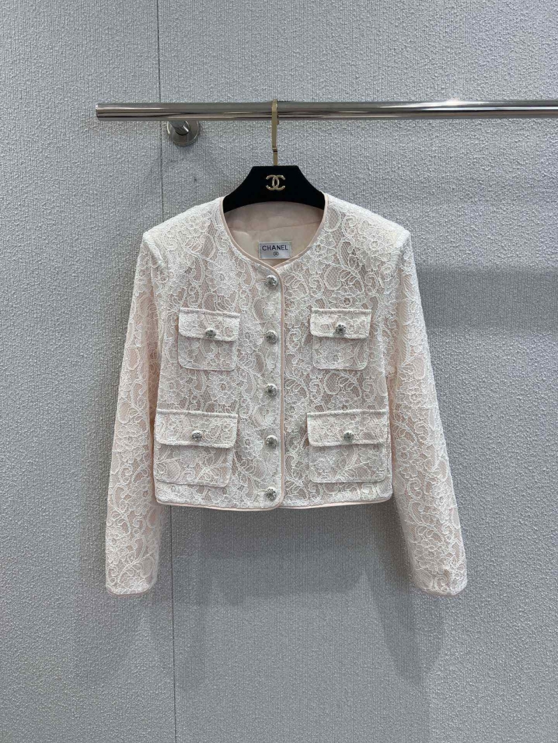 Chanel Early Fall Lace-Embroidered Short Jacket in Beige - Luxe Custom Lace with Metallic Logo Buttons