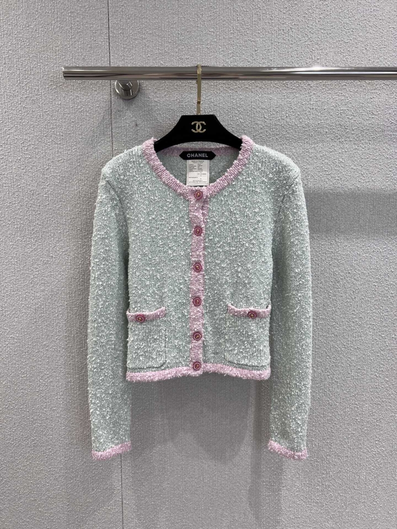 Chanel Exclusive Luxe Textured Single-Button Knit Cardigan in Soft Green with Pink Accents