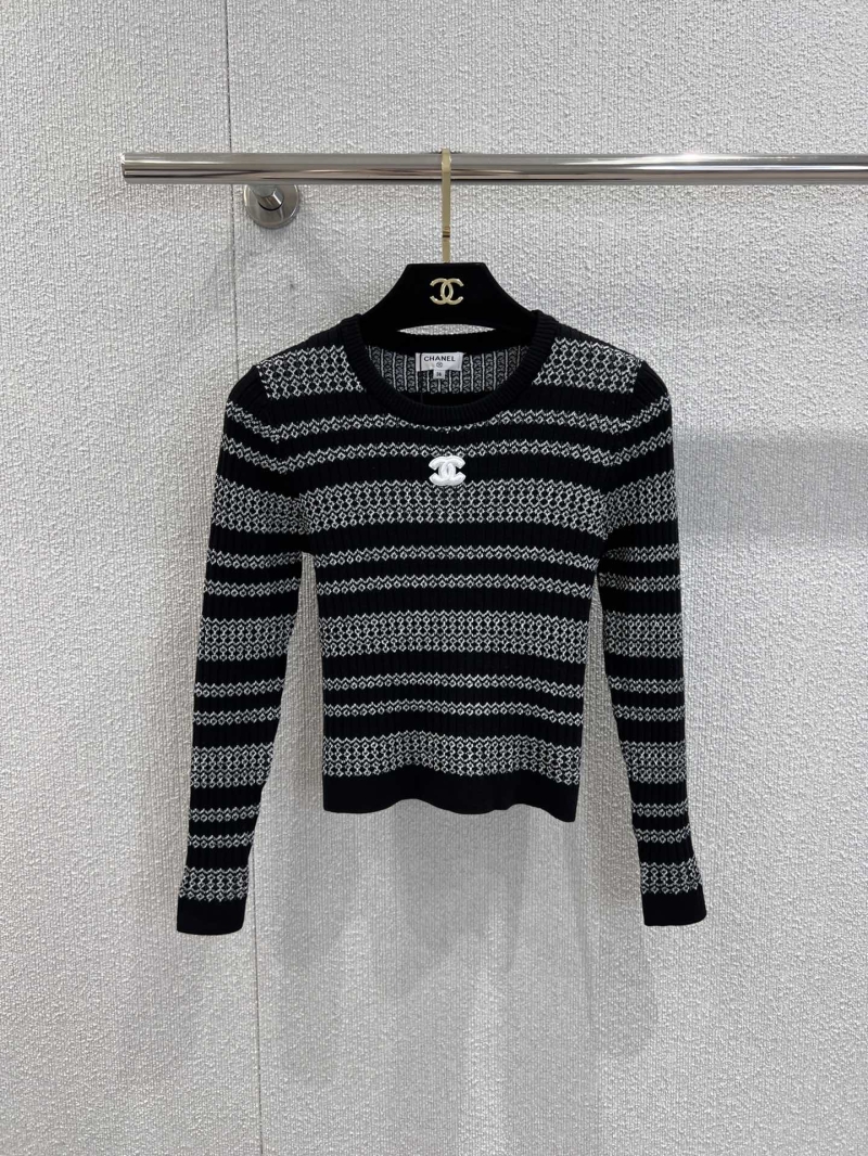 Chanel Black and Gray Logo-Striped Knit Sweater | Exclusive High Edition | Soft, Cropped Fit