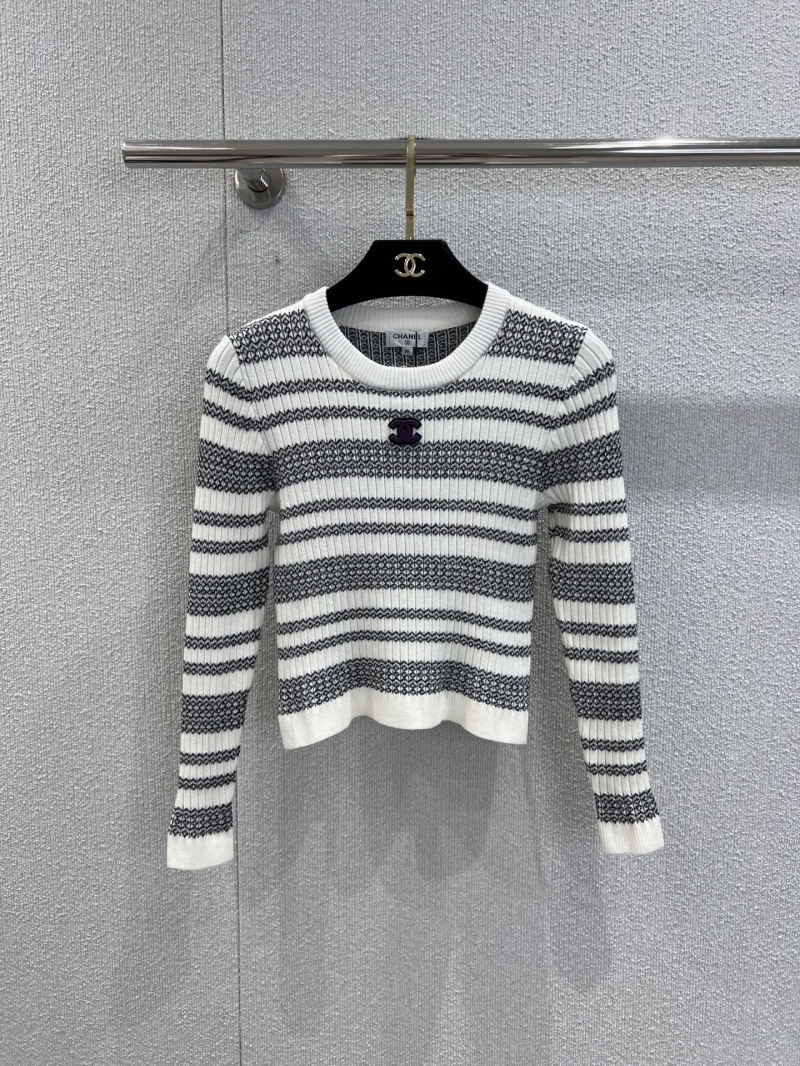 Chanel Stripe Knit Sweater in Heathered Grey and White | Cropped Fit, Embroidered Logo, Luxe Soft Knit