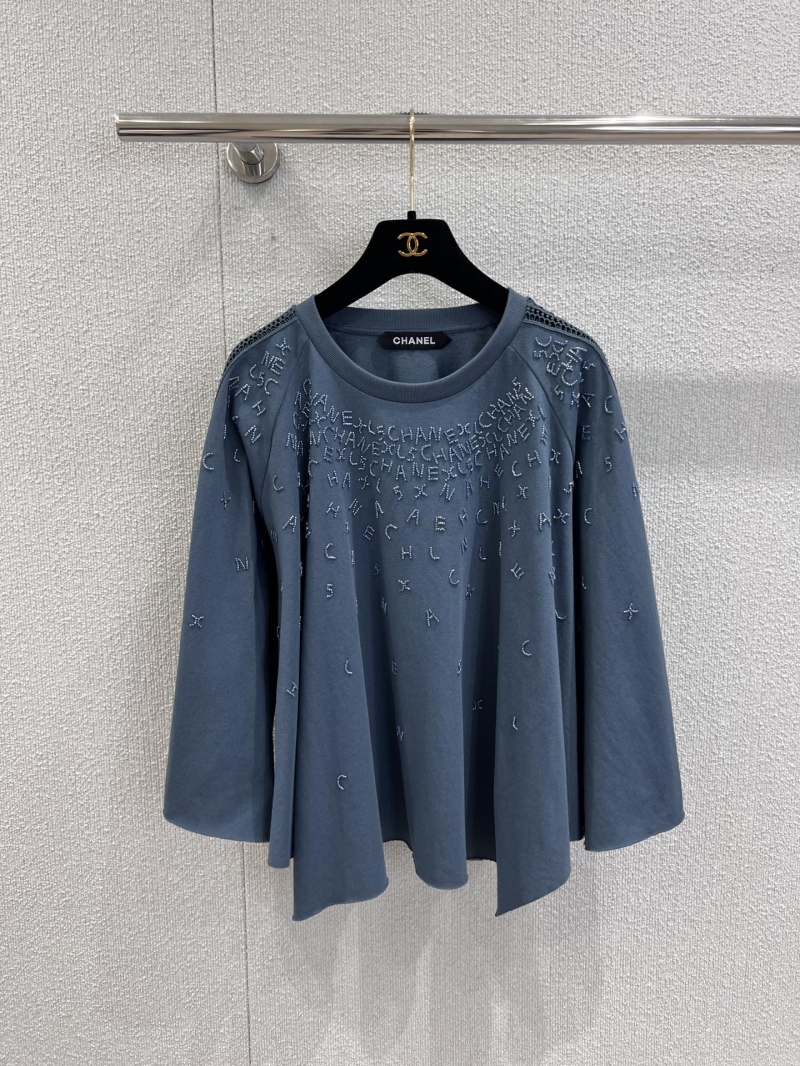 Chanel 25B Haute Couture Collection Embroidered Bell-Sleeve Top in Muted Blue