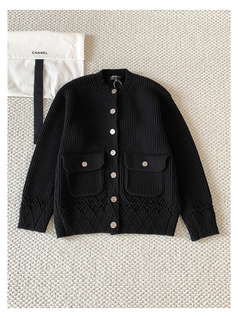 Chanel Luxe Knitted Cardigan in Black with Lace Detailing and Custom Coin Buttons
