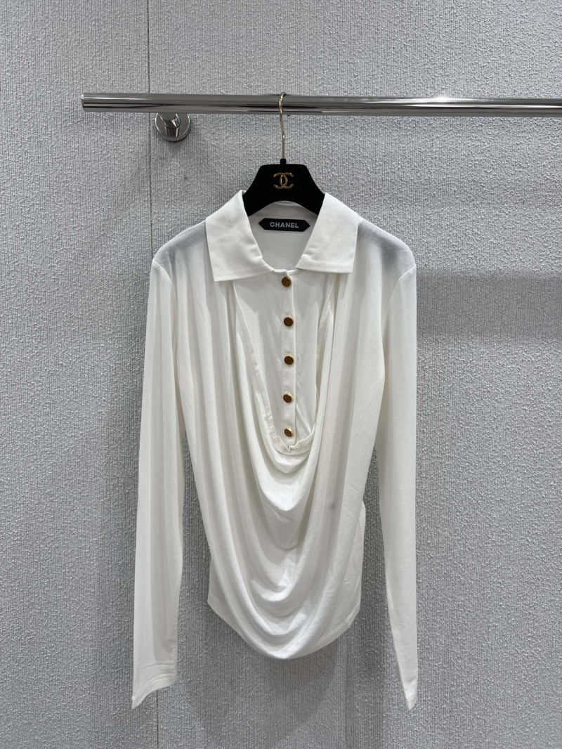 Chanel 25FW White Luxe Stretch Polo-Drape Long Sleeve Top