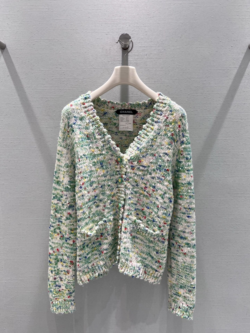 CHANEL Women's Tweed Knit Cardigan - Exquisite Multicolor Floral Pattern, Green Logo Buttons, Artisan Craftsmanship