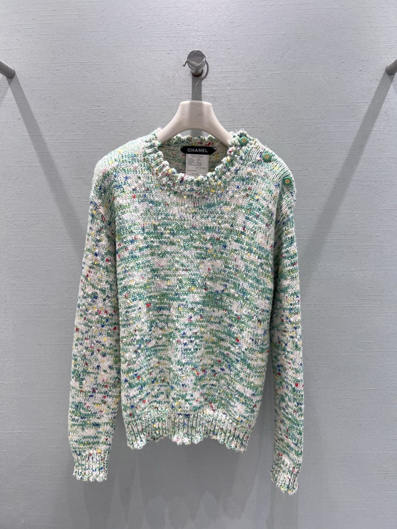 Chanel 2025FW Exclusive Handcrafted Tweed Knit Sweater, Multicolor Spring Garden Pattern with Green Logo Buttons
