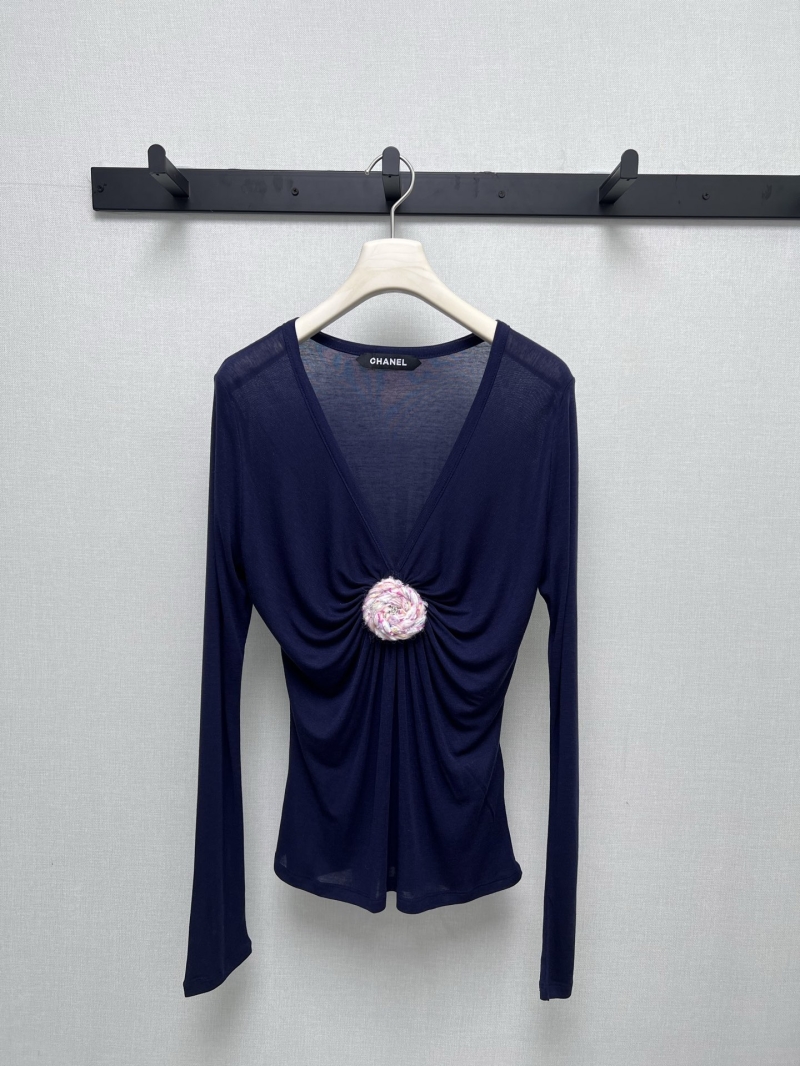 CHANEL Women's Deep V-Neck Long Sleeve Top, Navy Blue, Exquisite Floral Embellishment, Luxe High-Elastic Fabric, Couture-Inspired Design