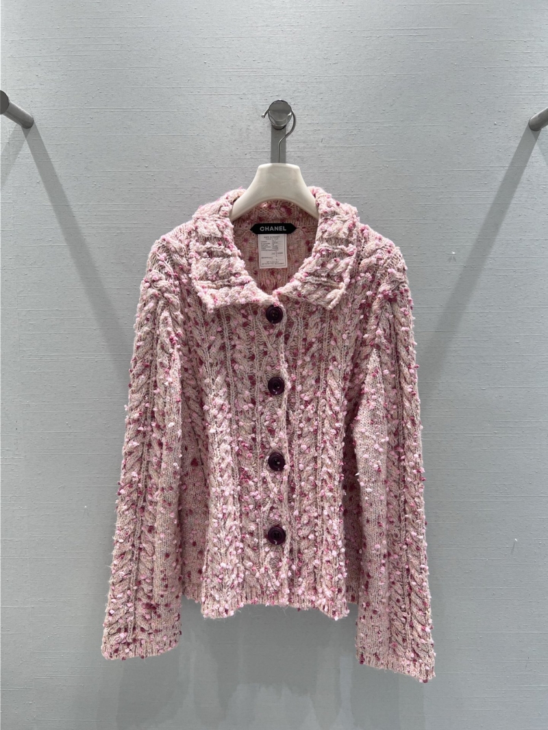 CHANEL Women's Tweed Knit Cardigan Jacket, Pink, French Craftsmanship, Exquisite Cable-Knit Texture, CC Button Closure, Couture-Inspired Design