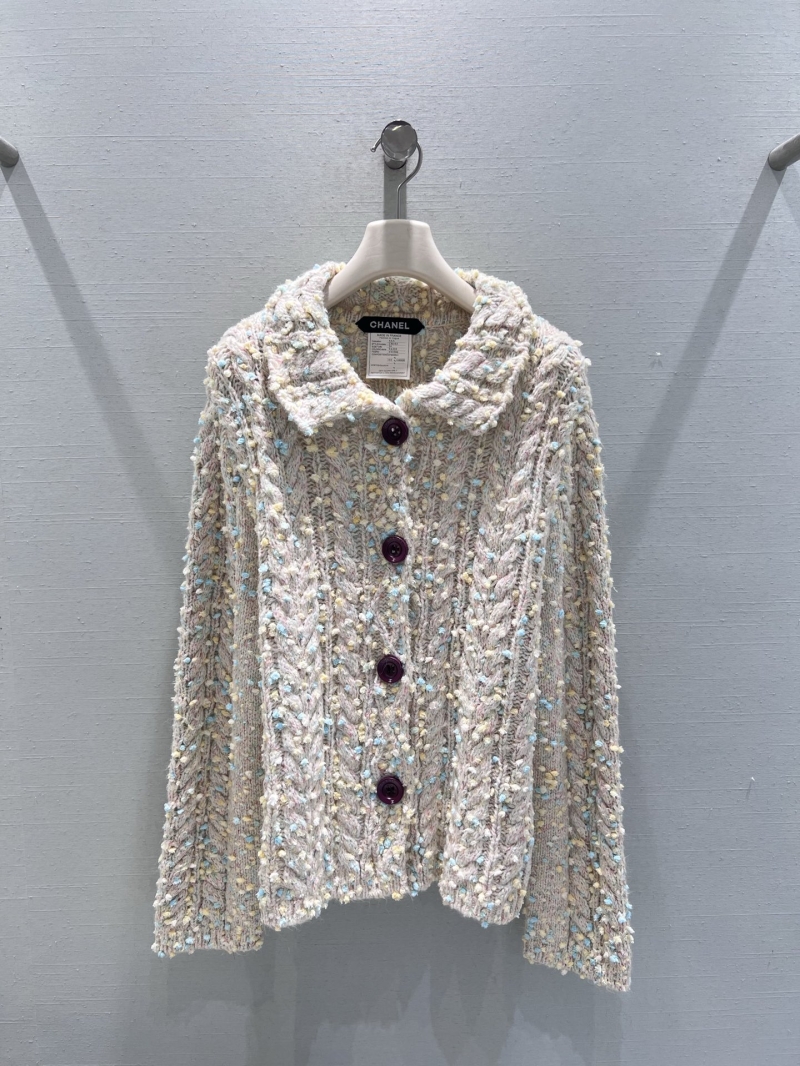 CHANEL Women's Tweed Knit Cardigan Jacket, White with Pastel Accents, Artisan-Crafted in France, Signature CC Buttons, Couture-Inspired Texture