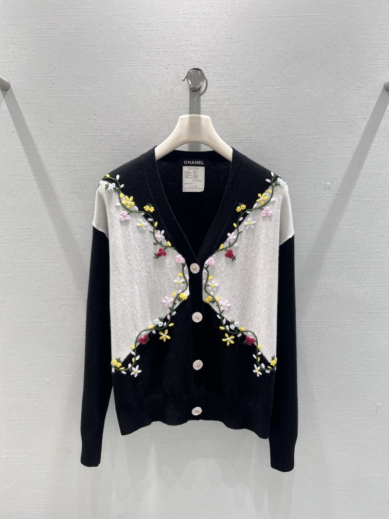 Chanel Women's Cardigan // Exquisite Hand-Embroidered Floral V-Neck Knit in Black & Ivory, Couture-Inspired Geometry, Signature CC Buttons