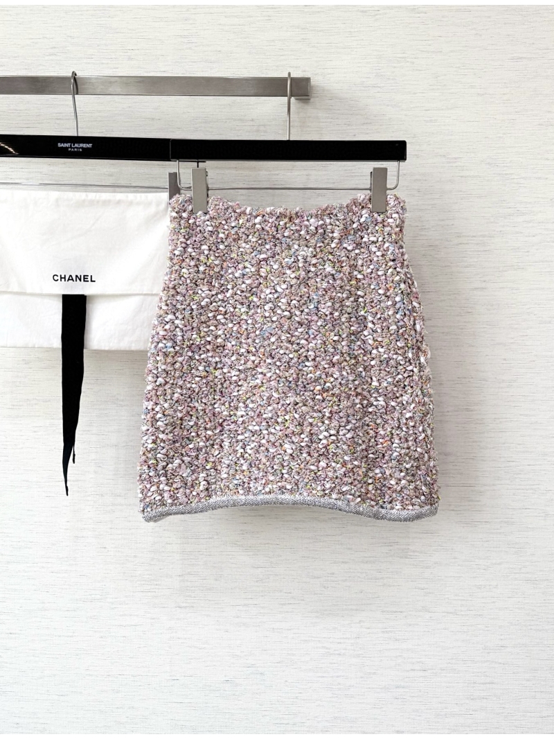 Chanel Pastel Multicolor Tweed Mini Skirt with Silver Trim - Textured Bouclé Weave, Tailored Fit