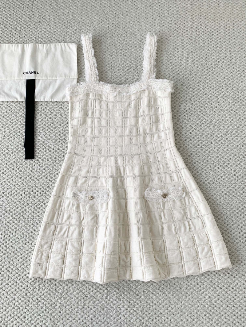 Chanel White Tweed Mini Dress: Signature CC Buttons, A-Line Silhouette, Frayed Strap Detail