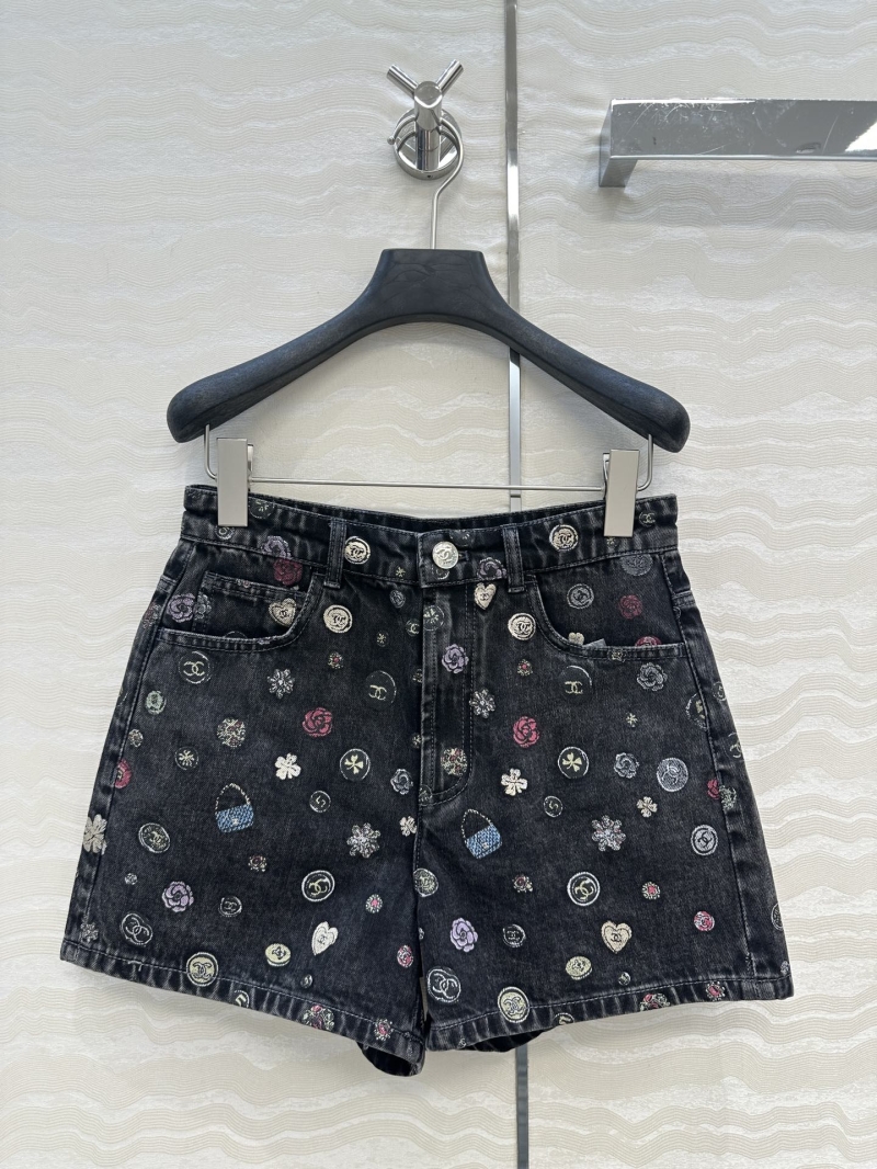 Chanel Coco Girl Embroidered High-Waisted Denim Shorts - Black, Floral & CC Logo, Limited Edition