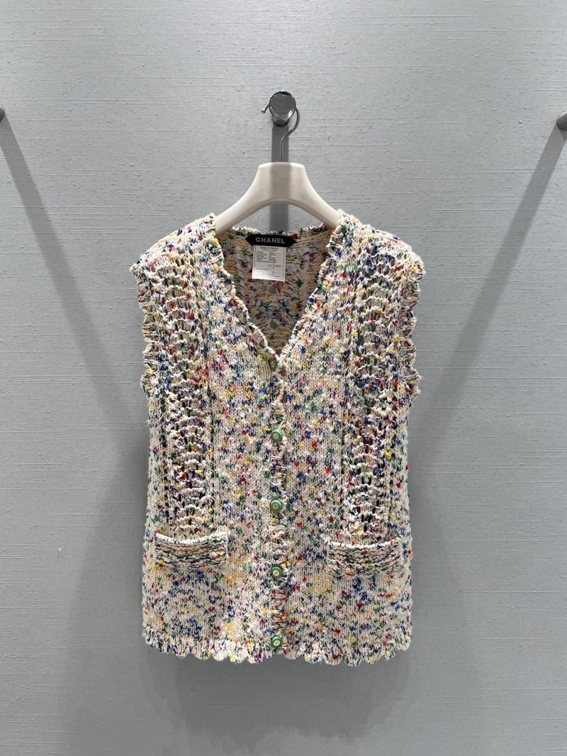 Chanel Confetti Tweed Knit Vest - V-Neck Sleeveless with Mint Green Buttons, Multicolor Artisanal Wool Knit