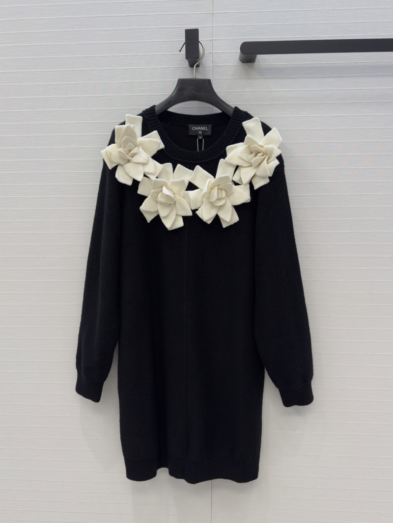 Chanel Embellished Camellia Knit Dress in Black | Imported Blended Yarn & 3D Floral Collar | Slim Fit