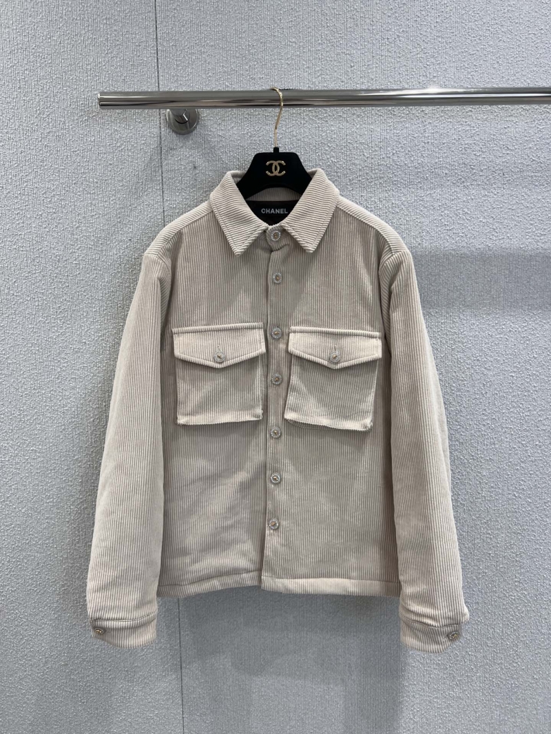 Chanel Corduroy Shirt Jacket in Beige | Limited Edition Artisan Craftsmanship with Crystal-Embellished Buttons & Relaxed Fit