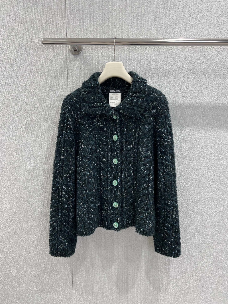 Chanel Women"s Bouclé Knit Cardigan | Deep Emerald Green with Silver-White Flecks & Custom Buttons | Limited Edition Artisan Craftsmanship
