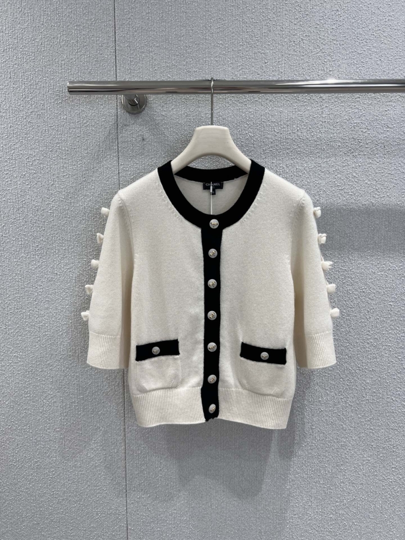 Chanel 3/4 Sleeve Bow Detail Knit Cardigan in Ivory with Black Trim - Chanel Logo Buttons, Pom Pom Accents