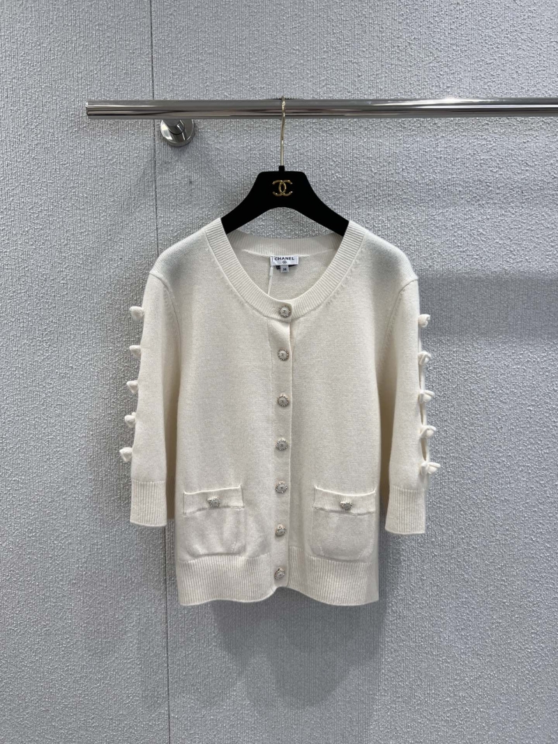 Chanel Cardigan Sweater - Ivory Cashmere Knit with Bow Detail and Metal Buttons