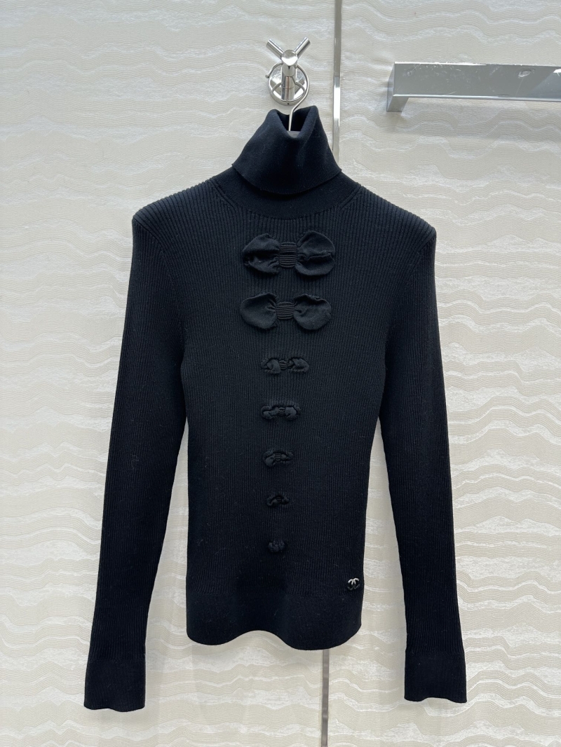 Chanel Coco 25K New Arrival High-Neck Sweater – Embroidered Jacquard Bow, Imported Wool, Slim Fit, Black