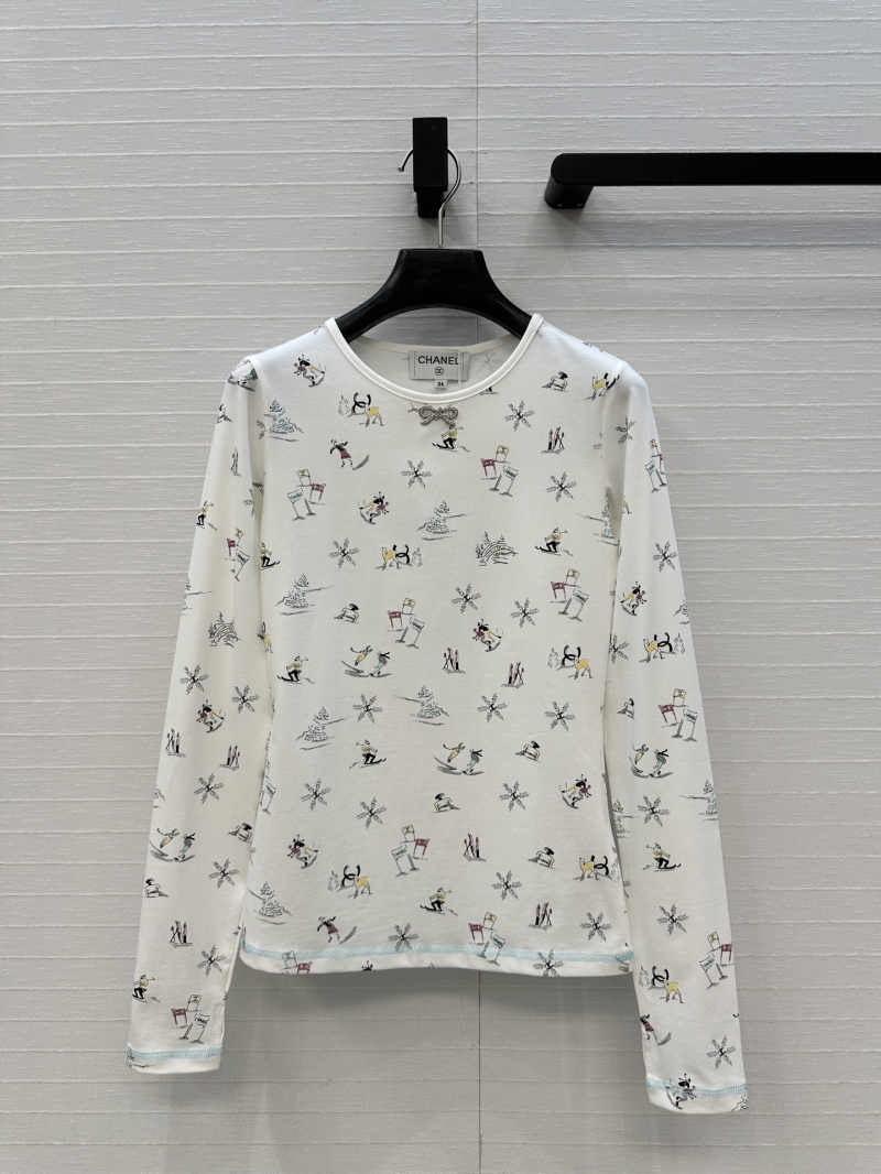 Chanel Coco Ski Collection Long-Sleeve Cotton Top with Bow Detail - Winter Sports Print, Slim Fit