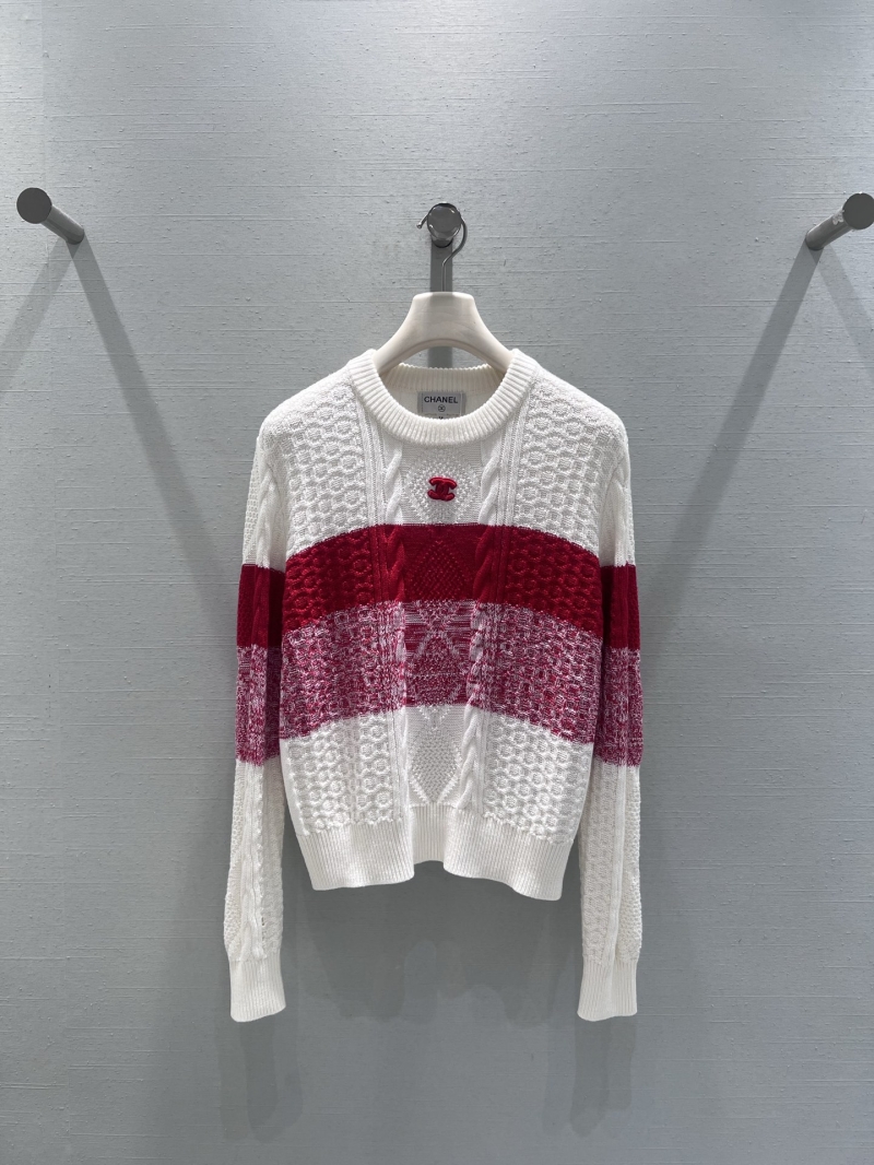 Chanel Women's Long-Sleeve Cable-Knit Sweater - White, Red & Burgundy Striped with CC Logo