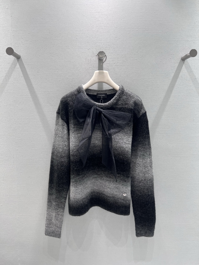 Chanel Ombre Gradient Knit Sweater with Black Satin Bow - Charcoal Gray to Black - Limited Edition