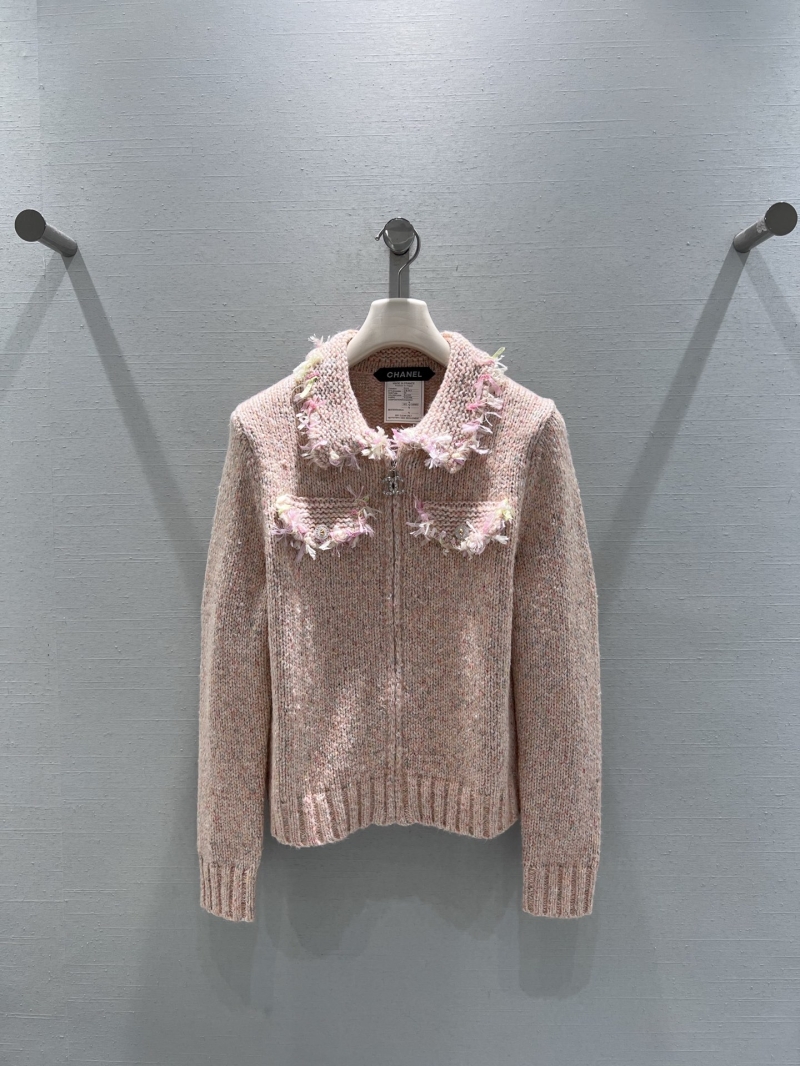 Chanel Women"s Knit Cardigan: Pastel Pink Floral Appliqué Cropped Jacket