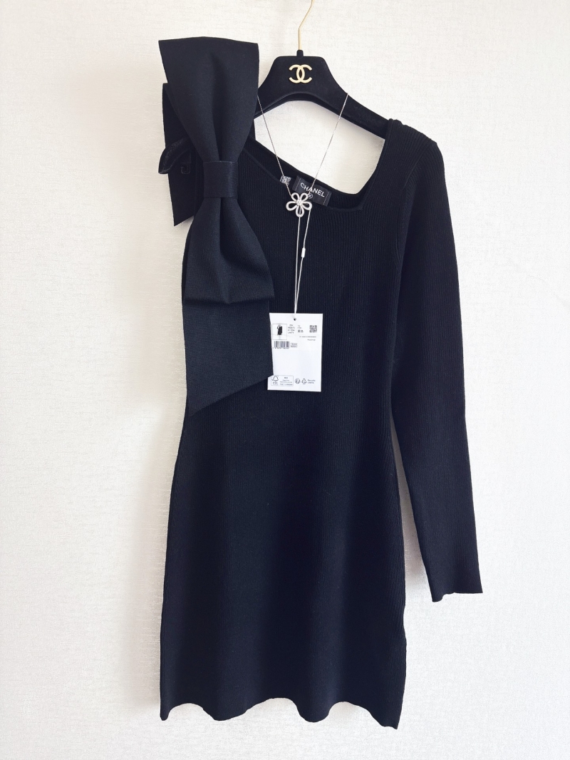 Chanel Asymmetric Bow Detail Black Wool Knit Dress | Sculptural Bow, Ribbed Texture, Flattering Fit