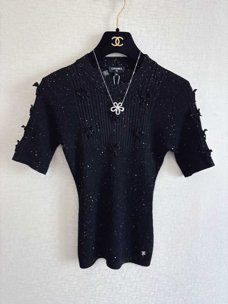 Chanel Black Ribbed Knit Top with Speckled Detailing and Distressed Accents