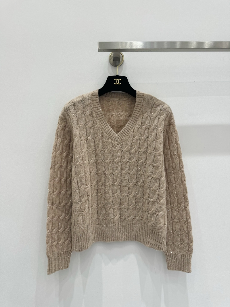 Chanel V-Neck Cable-Knit Sweater with Sparkling Thread, Oatmeal