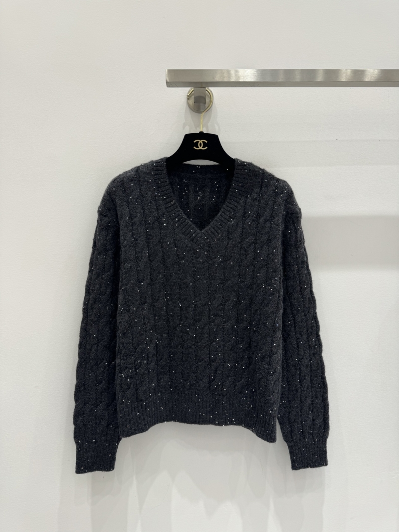 Chanel V-Neck Cable-Knit Sweater with Sparkling Embellishments in Charcoal Gray