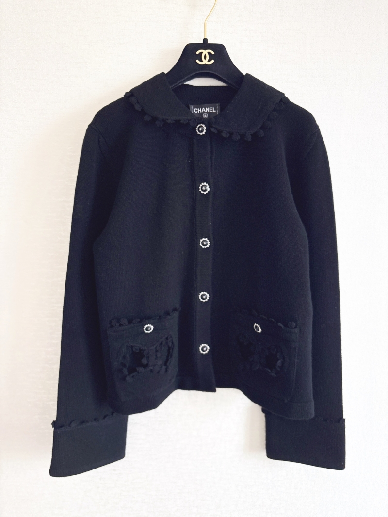 Chanel Black Knit Cardigan with Peter Pan Collar and CC Logo Pockets