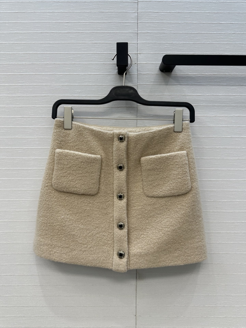 Chanel 100% Wool A-Line Mini Skirt with Double Pockets & Camellia Jacquard Lining