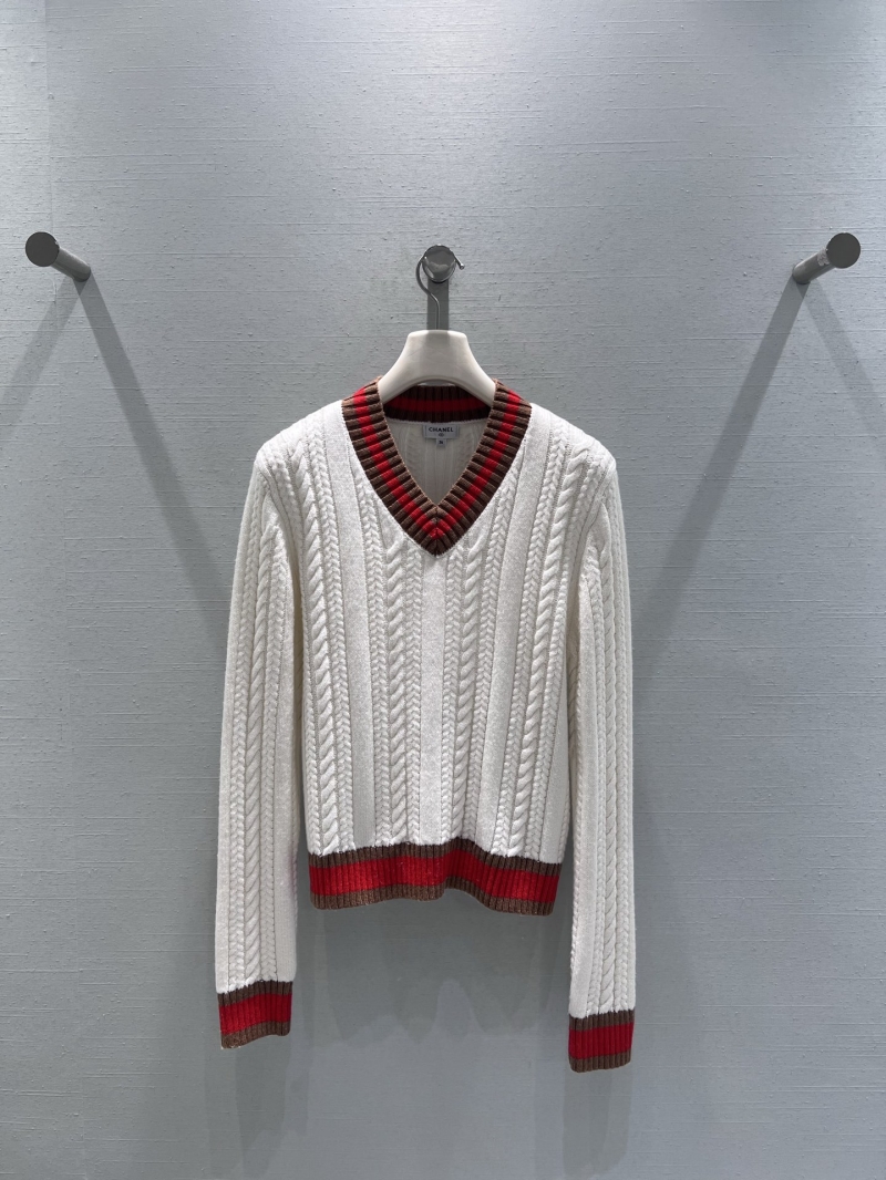 Chanel Autumn/Winter 2025 Limited Edition V-Neck Cable Knit Sweater in Cream - Retro Short Fit with Collegiate Stripes