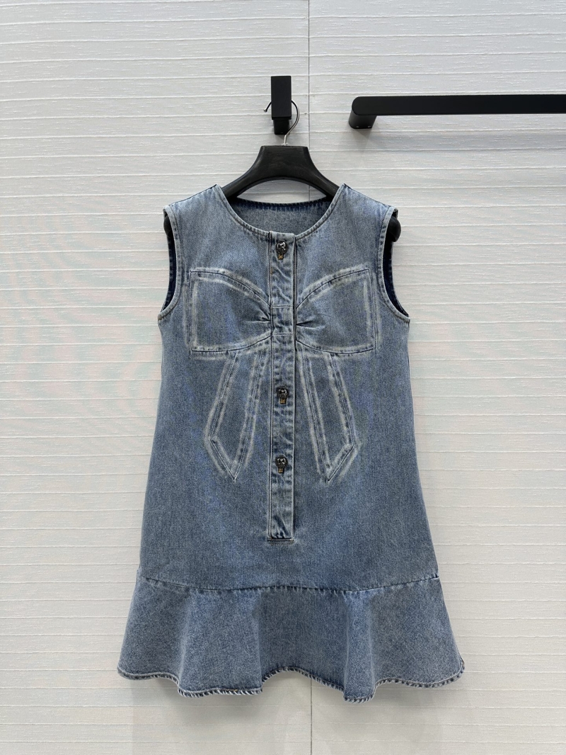 Chanel Denim Vest Dress with Bow Detail – Vintage Washed Cotton-Blend, Straight Cut with Ruffle Hem