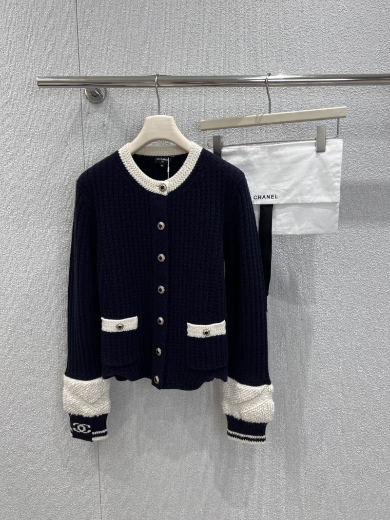 Chanel Women's Navy & Cream Wool Knit Cardigan | Ribbed Texture, Signature CC Logo, Timeless Elegance