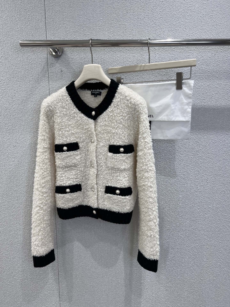 Chanel Women's Cropped Bouclé Cardigan - Off-White with Black Trim and Pearl Buttons