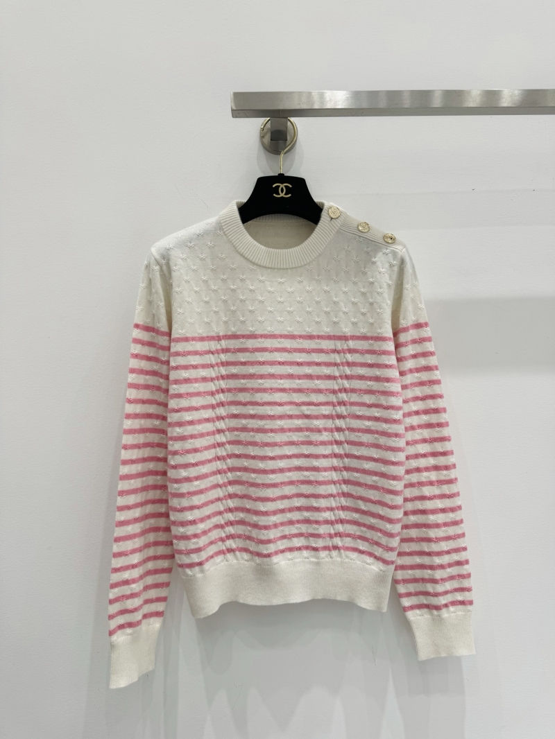 Chanel Early Autumn Contrast Stripe Button Shoulder Long Sleeve Pink Knit Sweater