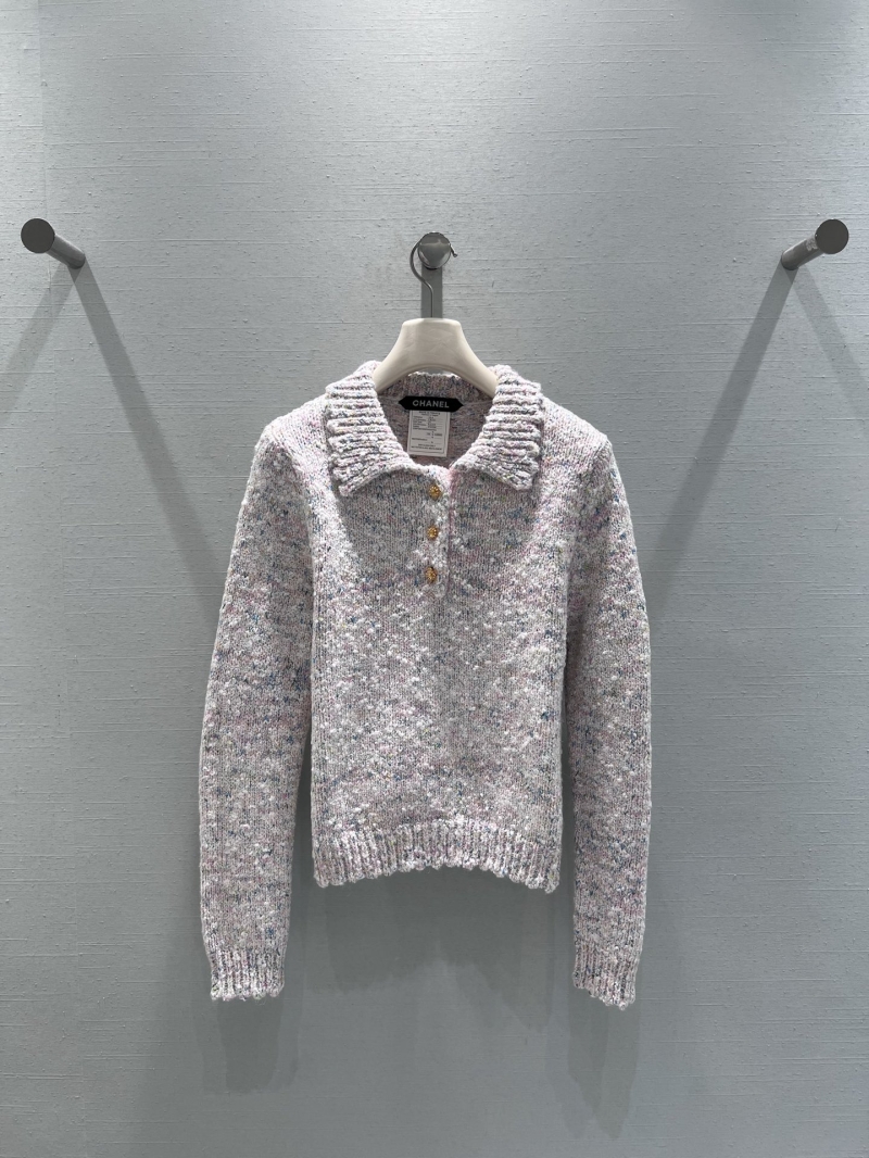 Chanel Long-Sleeve Knit Cardigan Sweater in Off-White Pastel Speckled Tweed with Collared Neckline and Gold-Tone Buttons